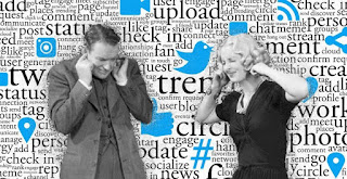 Most human resource departments are blinded by the social media fad. The noise is deafening in this zero-sum game. composite image of social media names and logos in the background and two black and white people covering their ears in front of it