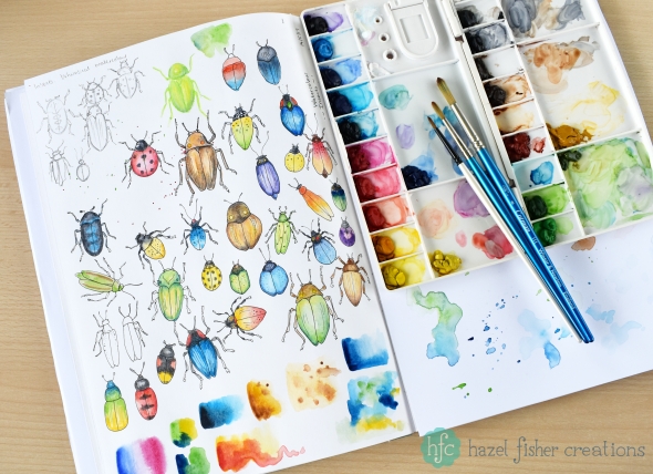 My Entry to Spoonflowers Whimsical Watercolour Insects Challenge by Hazel Fisher Creations. Sketchbook page work in progress. My Entry to Spoonflowers Whimsical Watercolour Insects Challenge by Hazel Fisher Creations. Watercolour and pen illustrations. Sketchbook page work in progress.