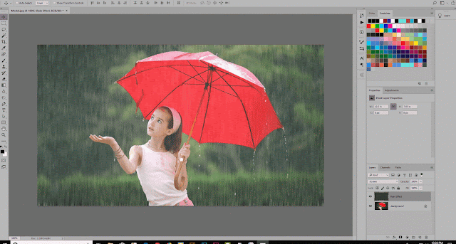 Zoom Out and Free Transformation gif animated rain in adobe photoshop, rain effect photoshop