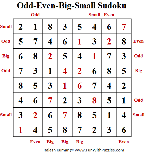 Odd-Even-Big-Small Sudoku (Fun With Sudoku #169) Solution