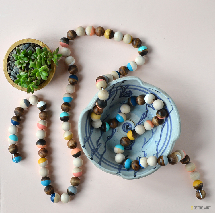 color blocked stained wood bead garland diy tutorial acrylic paint and stain