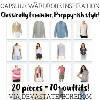 SO much easier to understand capsule wardrobes with a visual! and it's not monochromatic either! Great ideas here for a "Classically Feminine, Preppy-ish" Capsule Wardrobe! Inspiration for a 3-Season, 20-piece 70+outfit minimalist closet. Easy approach and inspiration for mix-and-match style! Classic fashion, modest looks - via Devastate Boredom SO much easier to understand capsule wardrobes with a visual! and it's not monochromatic either! Great ideas here for a "Classically Feminine, Preppy-ish" Capsule Wardrobe! Inspiration for a 3-Season, 20-piece 70+outfit minimalist closet. Easy approach and inspiration for mix-and-match style! Classic fashion, modest looks - via Devastate Boredom