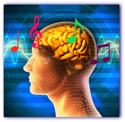 Ilustração de um cérebro humano com notas musicais flutuando ao redor