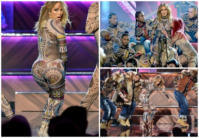 2015/11/22:Jennifer Lopez performs onstage during the 2015 American Music Awards at Microsoft Theate in Los Angeles, California. c.f Christian Dior 2015 AW RTW Orange Popart Printed Knit Jacquard Bodysuit