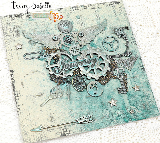 "Journey" Card by Tracey Sabella for Studio75: #studio75 #littlebirdiecrafts #littlebirdieonline #lindysgang #stampendous #mixedmediacard #mixedmedia #patina #steampunk #finnabair #primamarketing #helmar #prills #7gypsies #diycard #diycards #handmadecard #handmadecards #handcraftedcard #handcraftedcards #stencil #chipboard