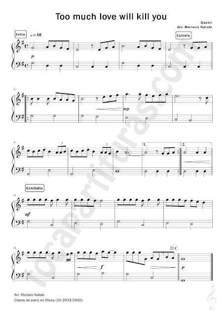 Partitura Fácil de Piano de Too much love will kill you de Queen Pianists Sheet Music for beginners 