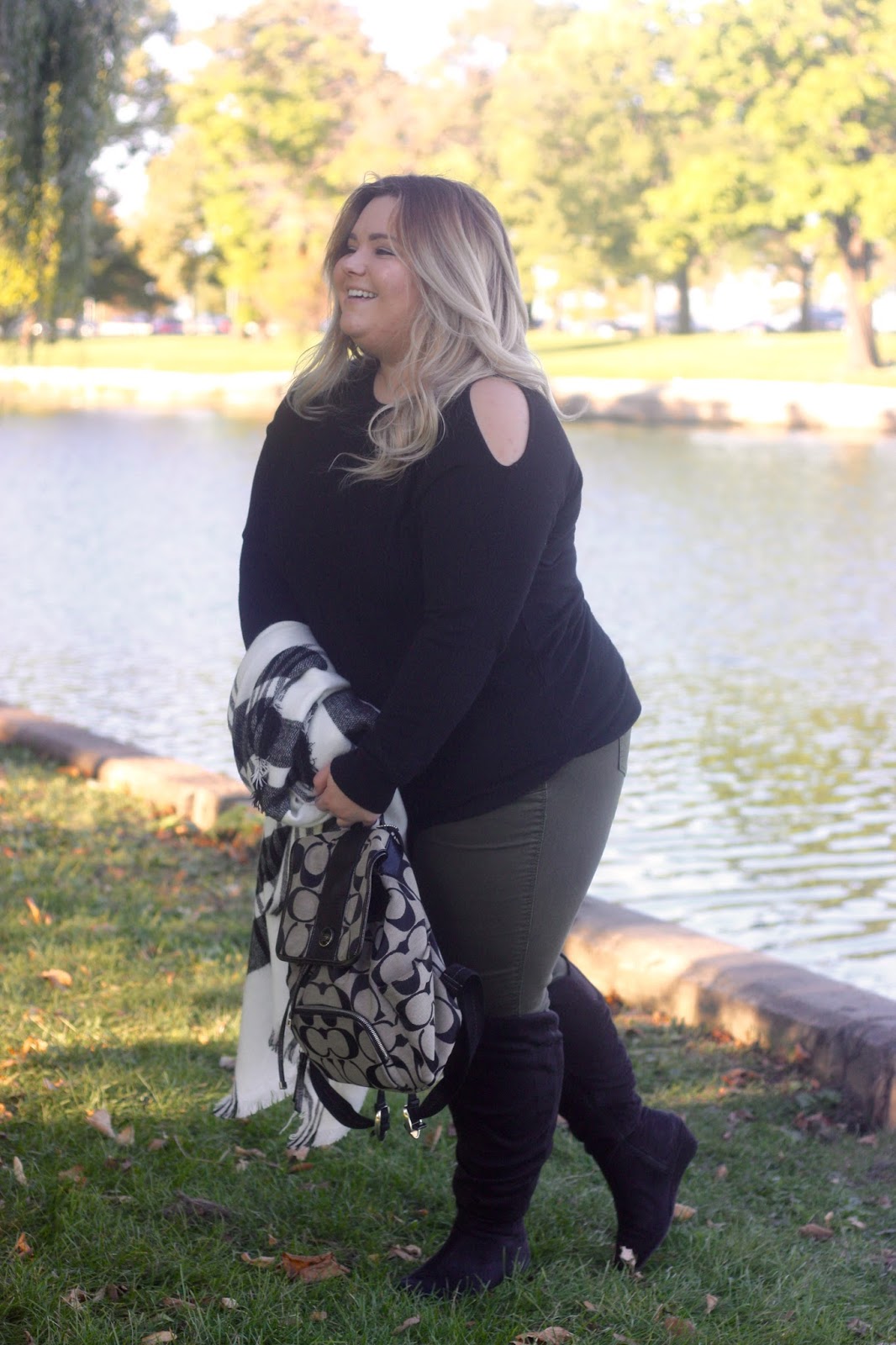 blanket scarf, meijer, meijer style, cargo skinny jeans, plus size style, plus size fashion, cold shoulder trend, sweater cut-out, natalie craig, natalie in the city, wide calf knee high boots, fashion blogger, chicago blogger, midwest blogger, plus size blogger, fall fashion 2016