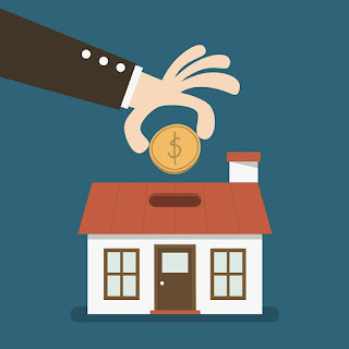 An animated image of a person putting a coin in a house piggy bank