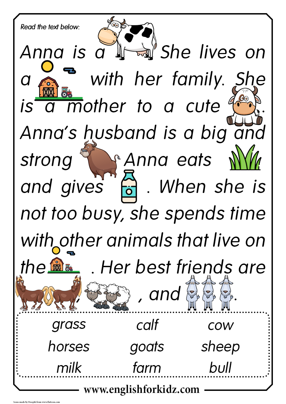 Reading Comprehension Worksheets: Anna the Cow