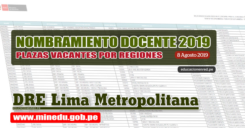 DRE Lima Metropolitana: Relación Final de Plazas Vacantes para Nombramiento Docente 2019 (.PDF ACTUALIZADO 8 AGOSTO) www.drelm.gob.pe DRE Lima Metropolitana: Relación Final de Plazas Vacantes para Nombramiento Docente 2019 (.PDF ACTUALIZADO 8 AGOSTO) www.drelm.gob.pe
