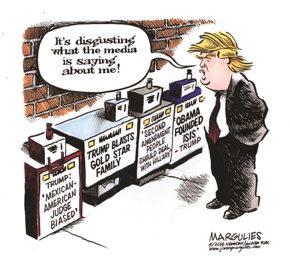 Donald Trump looks at row of newspaper boxes in which every newspaper accurately quotes something he said.  Trump says, 