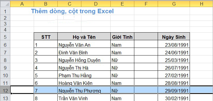 Học Thiết Kế Web Tại Hà Nội: Cách Thêm Dòng, Cột Trong Excel