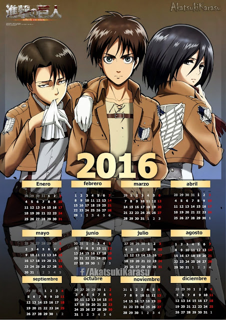 calendario 2016 shingeki no kyojin