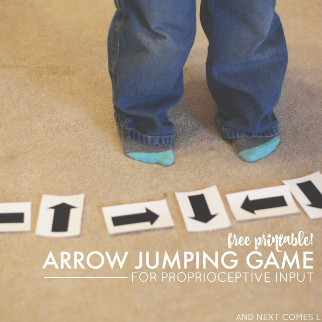 Arrow jumping game for kids that love to jump and seeks proprioceptive sensory input - great activity for kids with lots of energy and comes with a free printable from And Next Comes L
