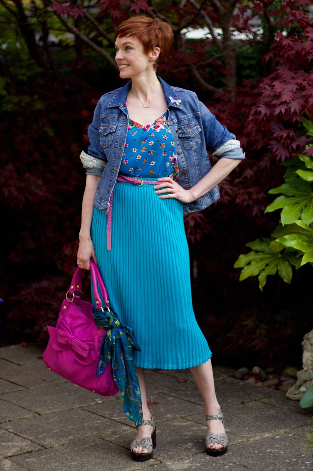 Turquoise Vintage Pleated Midi Skirt, Magenta Bag & Denim | Fake Fabulous
