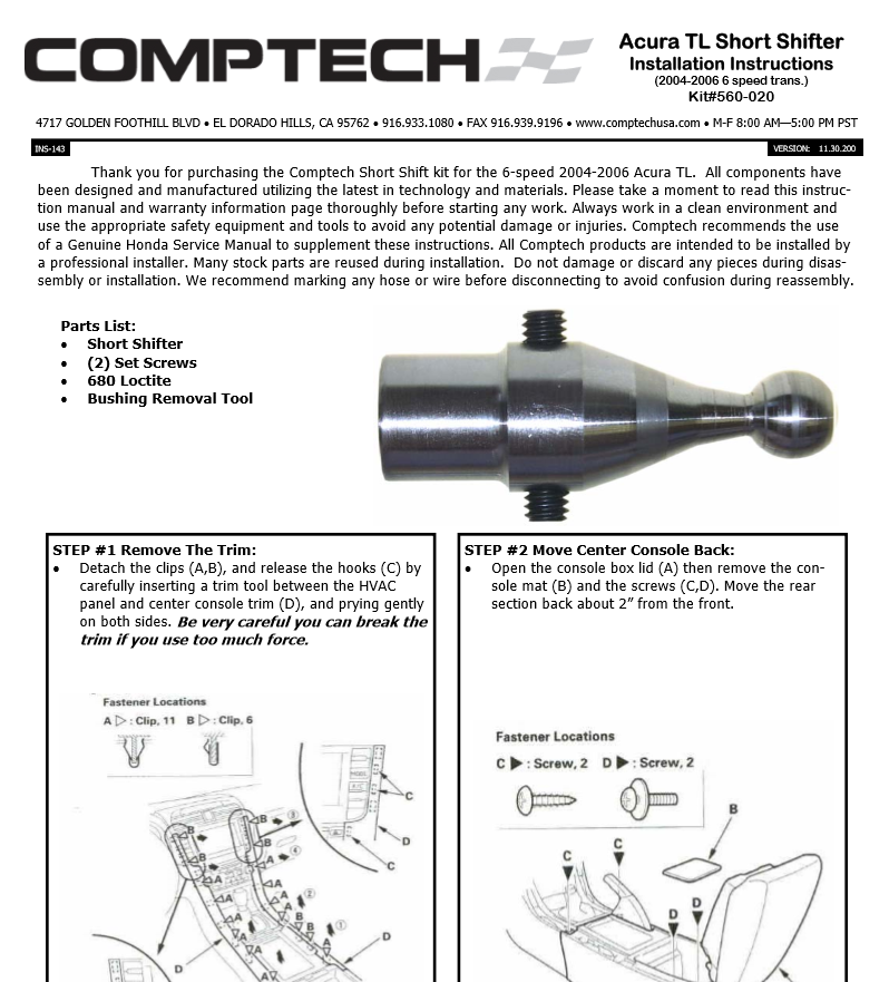 Acura TL Short Shifter Installation Instructions Automotive
