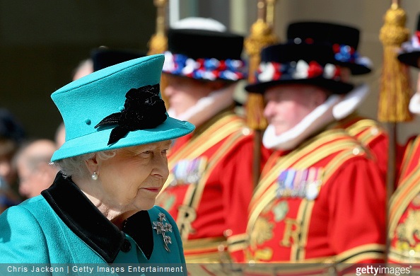  Queen Elizabeth II walks past Yeomen as she leaves Sheffield Cathedral after the traditional Royal Maundy Service at Sheffield Cathedral 