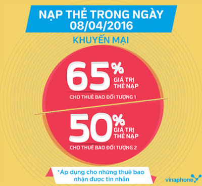 Vinaphone khuyến mãi nạp thẻ cục bộ ngày 8/4/2016