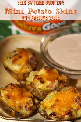 Beer Battered Onion Ring Mini Potato Skins with Awesome Sauce