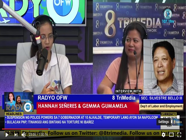 "Once an OFW, always an OFW " Sec. Bello said on his recent interview with Radyo Ofw program. Together with Ms. Hanna Señeres and Ms. Gemma Gumamela as anchorwomen of the segment.   Sec. Bello clearly mentioned that the concept of bringing OFW ID or iDole in abolition of the OEC( Overseas Emplyment Certificate) is to give convenience and less expenses for the ofws. President Duterte never failed to show his outpouring concern to the OFW sector. Thus aside from OFW ID, we have OFW Hospital to look forward too.  Question from OFWs answered by Sec. Bello about OFW ID or IDOLE  Q: When do OFW ID will be launched?  A: July 12, 2017 it will be presented to Prsident Duterte. By the end of July it will start printing of the OFW ID.   Q. How it will be received by the OFWs around the world?  A. OFW ID will be delivered to Philippine Overseas Labor Office (POLO) of the host country.   Q. What if the OFW does not reside or stay to the address they registered in POEA.Can they personally visit the POLO to acquire the OFW ID?  A: Yes, they can personally acquire the oFW ID thru POLO office of the host country.   Q: If the OFW ID will be sent abroad, how about to OFWs who changed their employer and has not updated their address in POEA?  A: Please coordinate with POEA or POLO to update the address and other information.   Q: Can a former OFW be a recipient of OFW ID?  A: According to Sec. Bello " Once an OFW , always an OFW". Yes they can avail the OFW ID as well.   Q: Do OFWs who are direct hired can avail the OFW ID?  A: Yes, direct-hired are included.