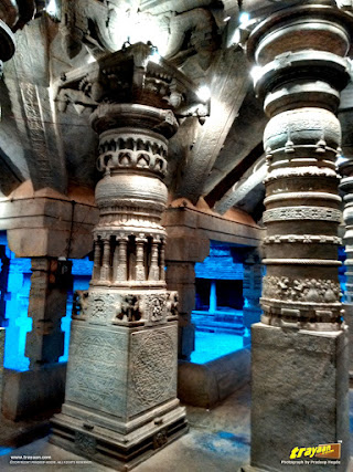 Intricate carvings and sculptures on the pillars in Bhairadevi mandapa of the Thousand Pillared Jain Temple in Moodabidri, near Mangalore, Karnataka, India - called as Tribhuvana Tilaka Chudamani basadi or Chandranatha basadi, also known as Saavira Kambada Basadi in Dakshina Kannada district, near Mangalore, Mangaluru, Karnataka, India