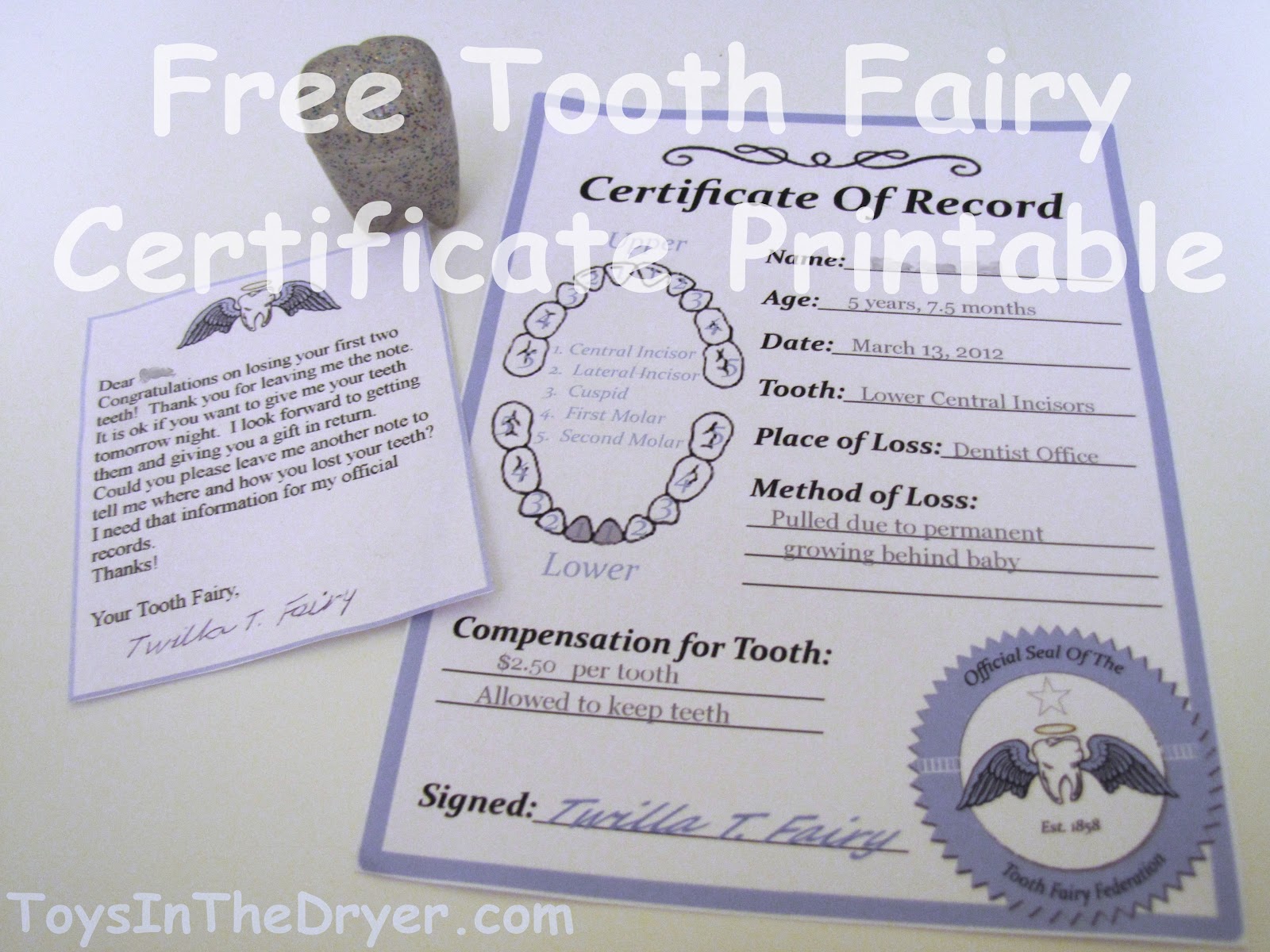 Free tooth fairy certificate