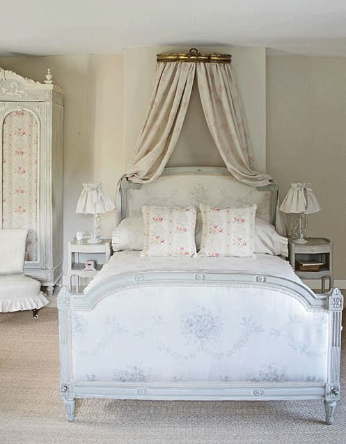 Breathtaking European farmhouse decorated bedroom with canopy over bed, upholstered headboard, and Shabby Chic style bedding.. Inspiring European Country Home Ideas {French Country Decor Inspiration}