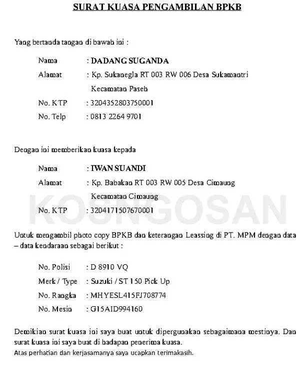 Contoh Surat Kuasa Pengambilan Bpkb Motor Dan Mobil Kosngosan