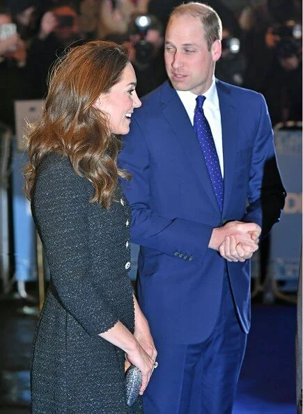 Kate Middleton wore Eponine London tweed dress, Jimmy Choo clutch and pumps, The Queen chandelier diamond earrings