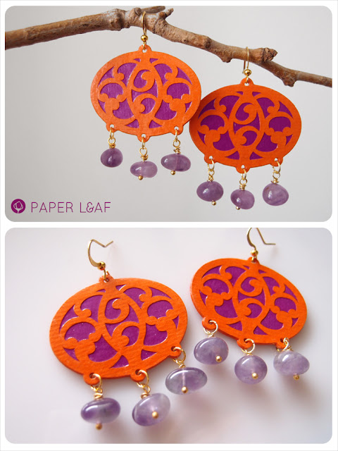 Paper Leaf - Colored Arabesque Amethyst - paper cotton earrings with amethyst