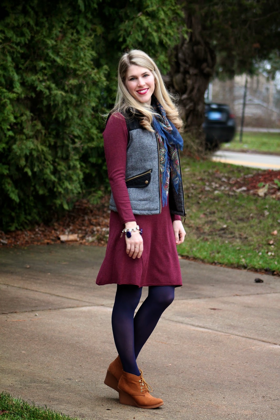 Week of Wear: Burgundy Dress with Scarf and Vest
