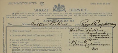 Army Enlistment papers - Short Service - for Walter Parkes born in Sandbach.