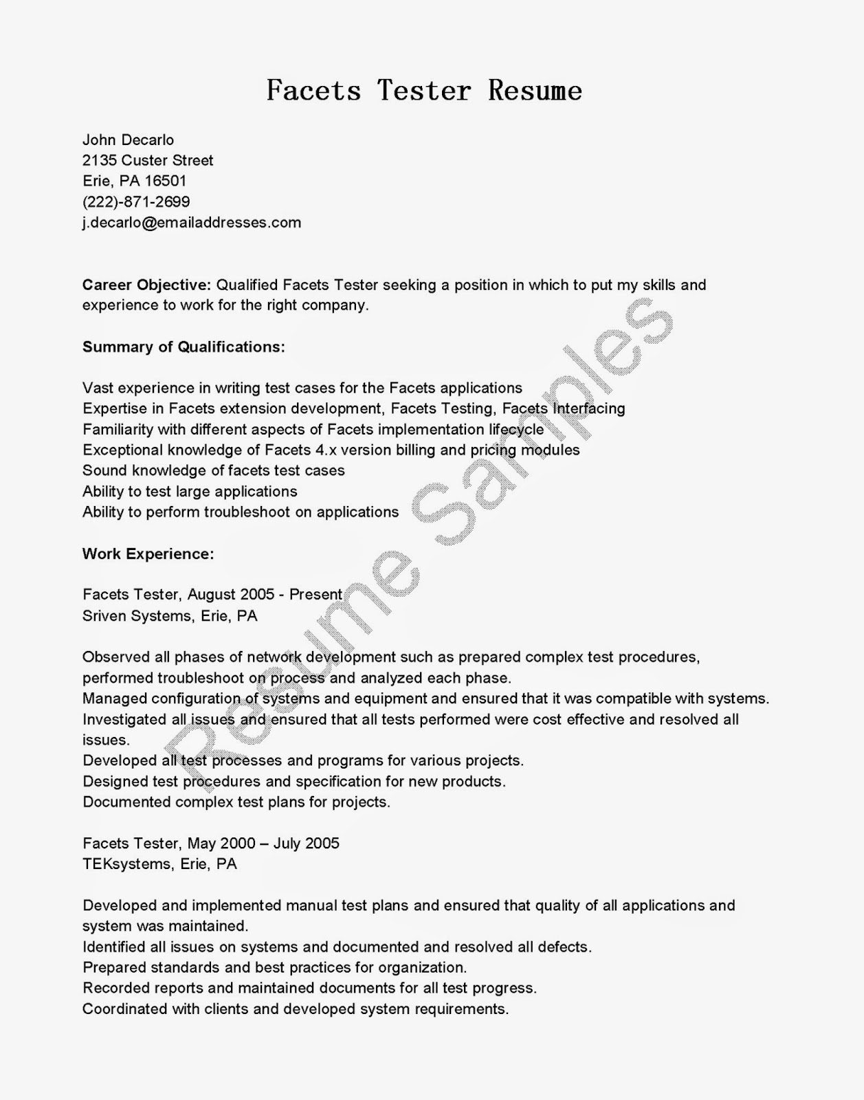 Resume Samples Facets Tester Resume Sample
