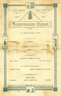 United States Military Academy, West Point, New York, Thanksgiving menu, 25 November 1886, 5 x 7¾ in., U.S.M.A. Press