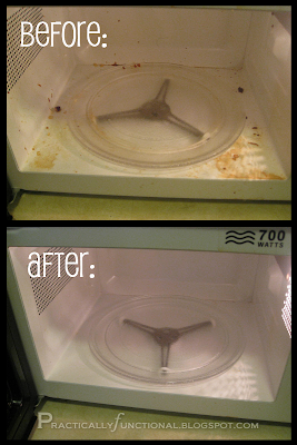 Before and after cleaning a dirty microwave