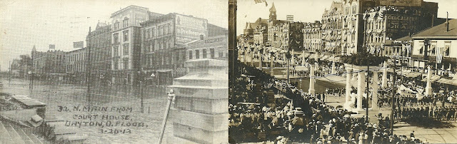 1913 Dayton flood and 1909 Wright Brother Celebration views compared. Dayton Ohio Main Street from Court House looking North.