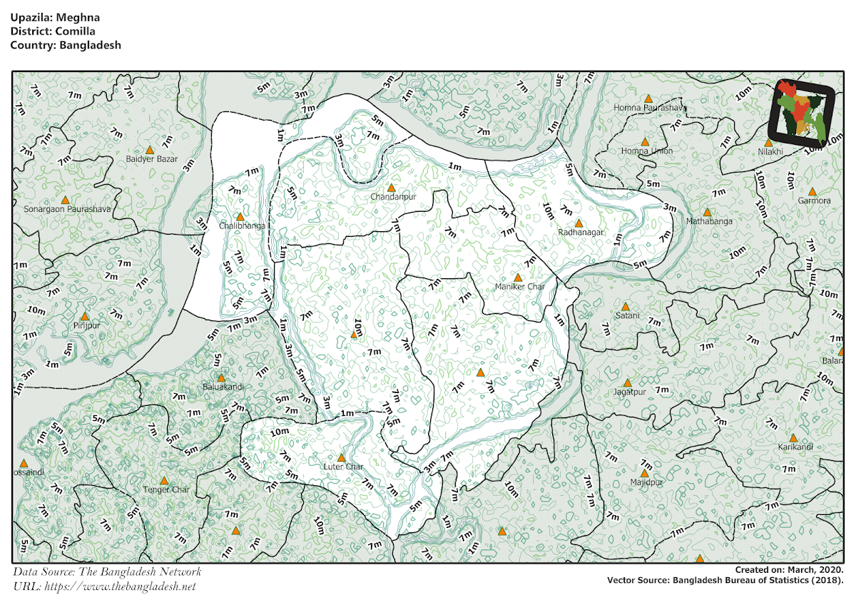 Meghna Upazila Elevation Map Comilla District Bangladesh