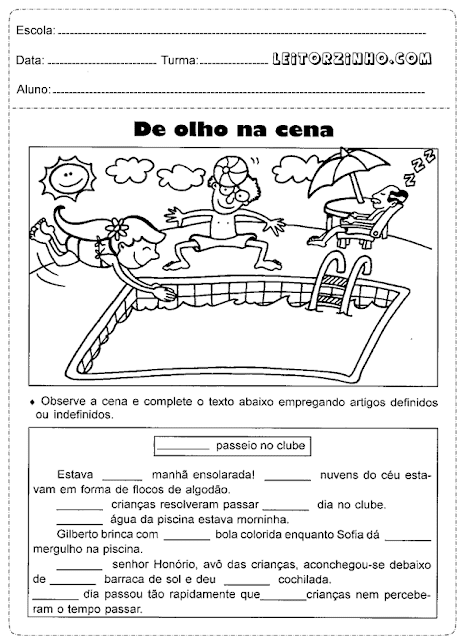 Observe a cena e complete o texto empregando artigos definidos e indefinidos