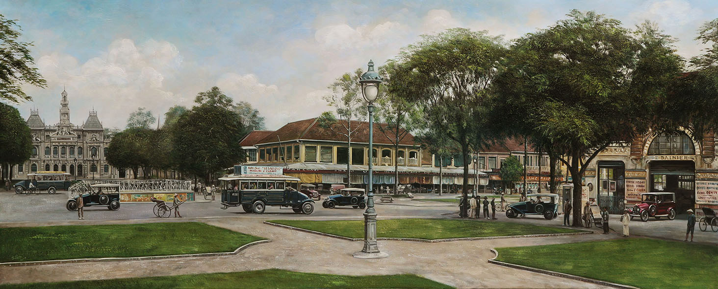 LÊ SÂM . vẽ tranh sơn dầu: Sài Gòn xưa. Vẽ từ ảnh đen trắng. Tranh sơn dầu  Lê Sâm
