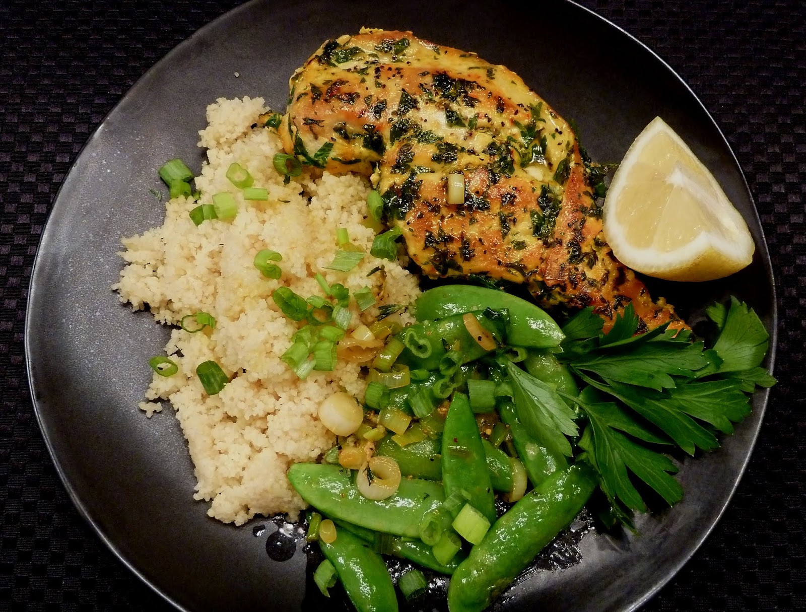Cracked Pepper Saffron Chicken with Sugar Snaps