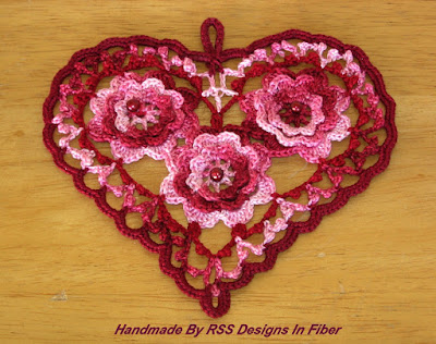 Irish Crochet Heart with 3D Roses - Deep Red with Shaded Reds Flowers - Handmade By Ruth Sandra Sperling of RSS Designs In Fiber