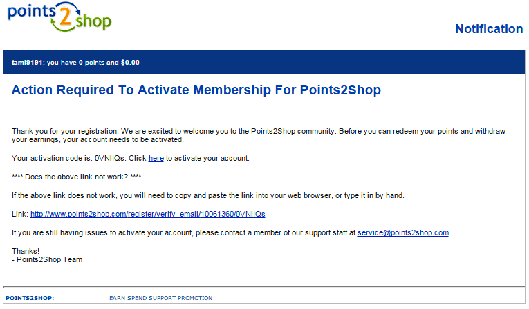 Click the link to activate your new Points2Shop account
