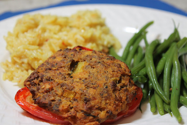 This stuffed pepper recipe sneaks squash and eggplant into the filling for all those picky vegetable eaters in the family. The filling is similar to a meatloaf or meatball filling. Ground beef, hot sausage and vegetables make the filling for this stuffed pepper.