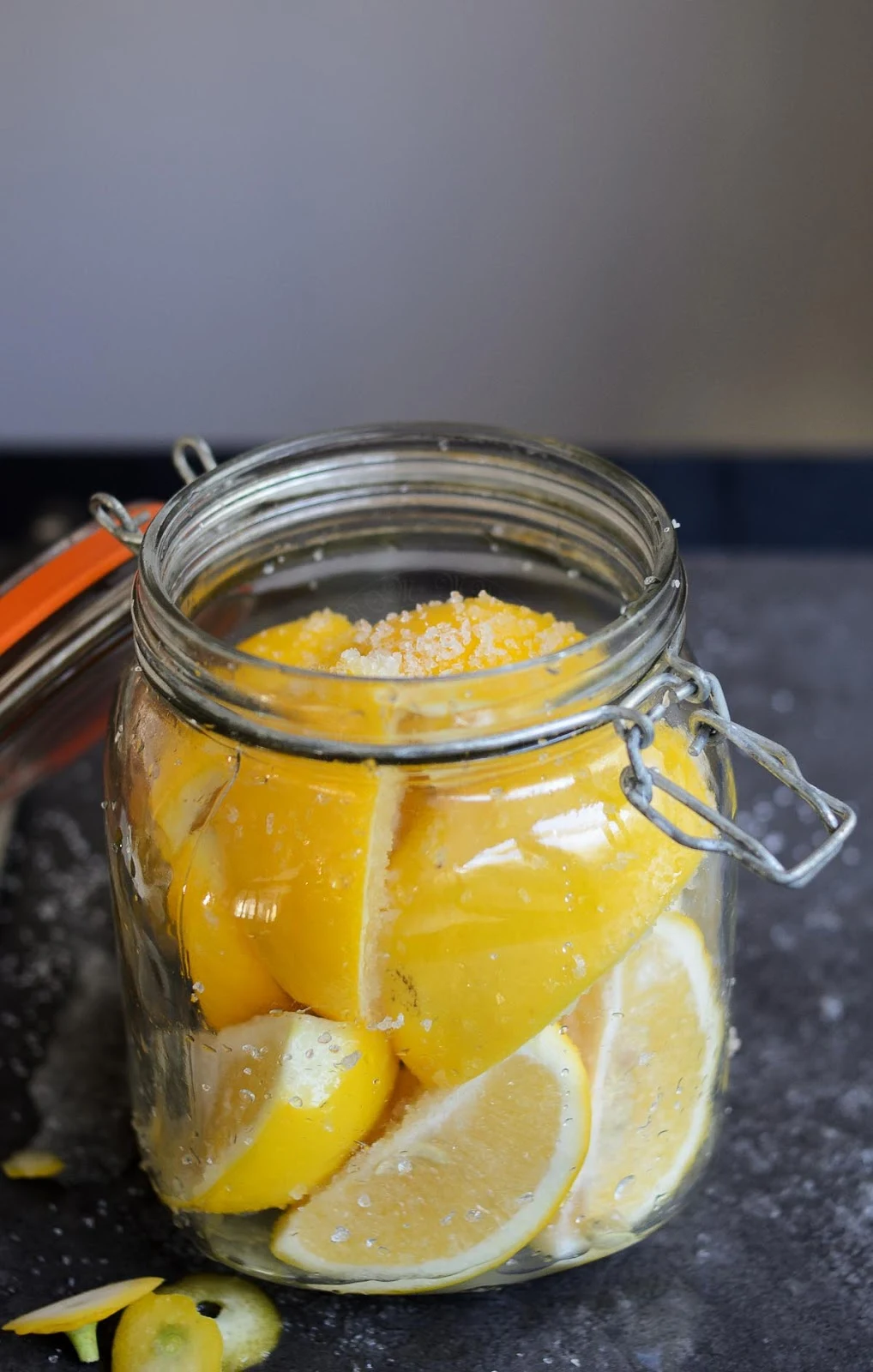 Lemons ready for making preserved lemons in a jar photo