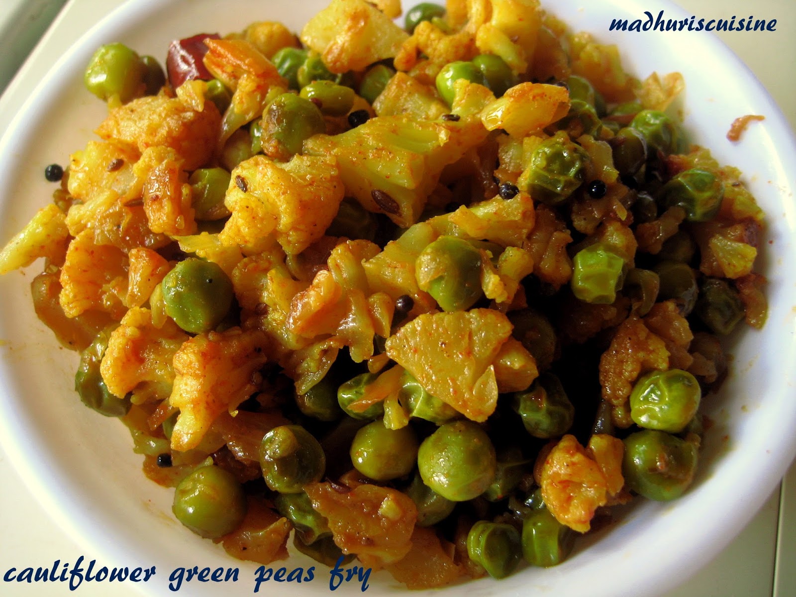 madhuri's kitchen Cauliflower Peas Stir Fry / Gobi Peas Fry