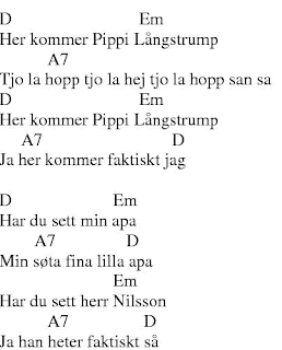 Første vers af Pippi Langstrømpes sang med akkordangivelser