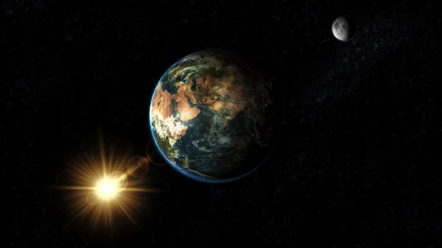 De ruimte met de aarde, zon en maan