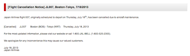 JAL posted a flight cancelation notice for JL007 on its website
