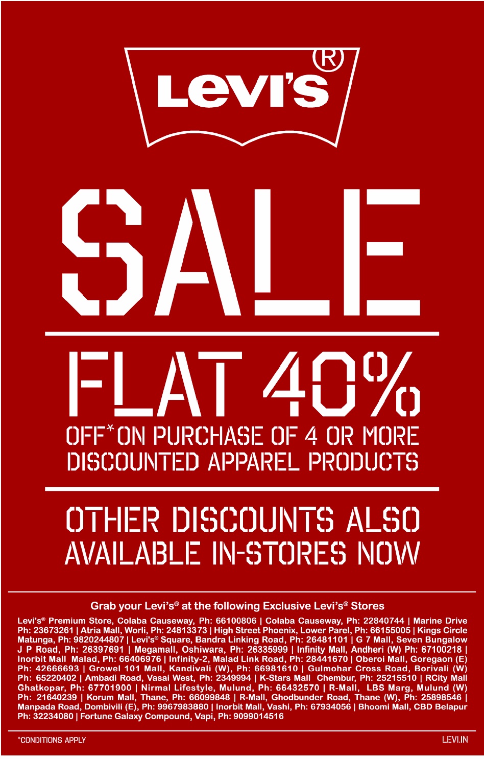 Discount Sale on Levis, Pepe Jeans, Reebok, Woodland, Lee, Globus and many more | Offers ...