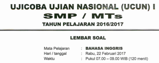 Soal Try Out UN SMP Bahasa Inggris DKI Jakarta 2017/2018